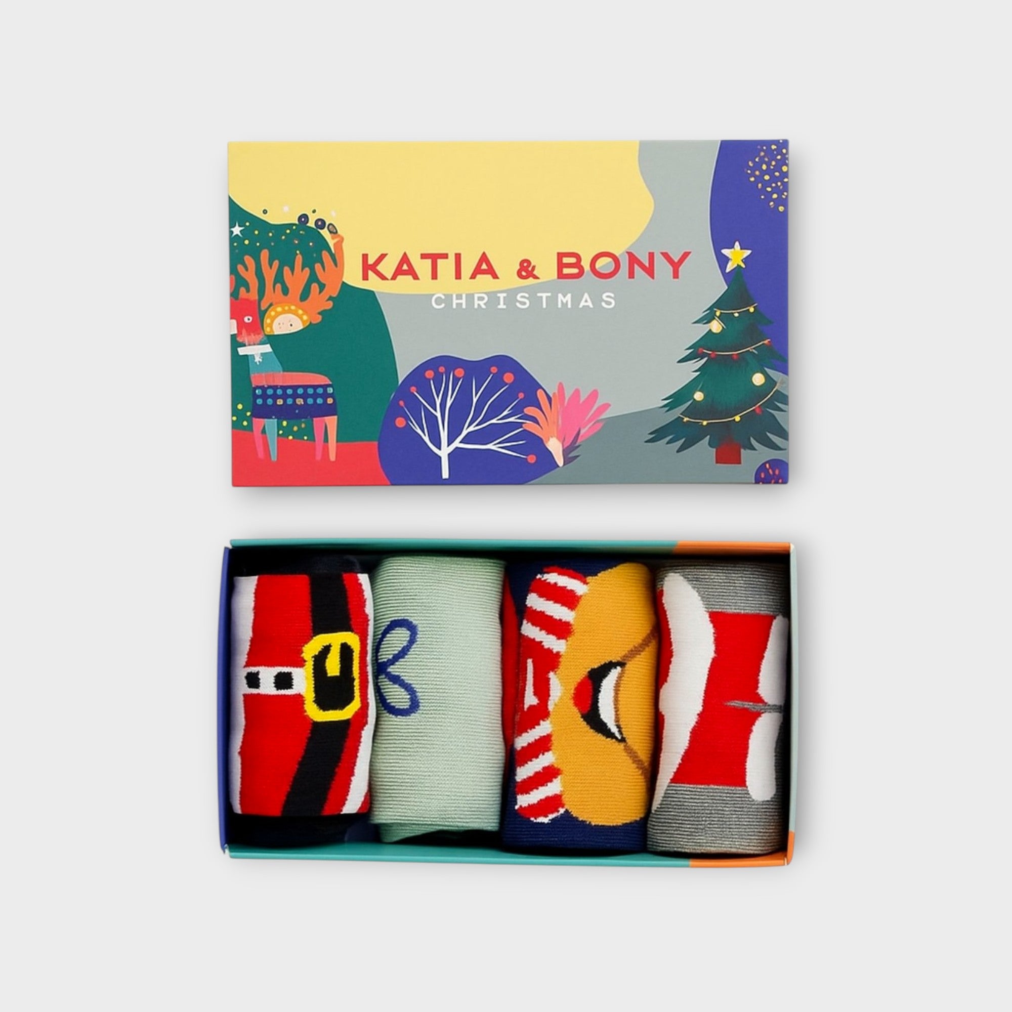4er Set Bunte Weihnachtssocken in Box | Katia & Bony | Festliche Motive für Damen & Herren