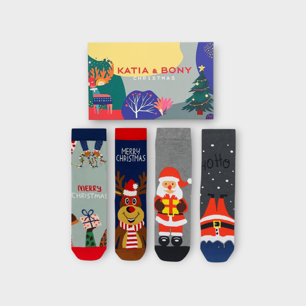 4er Set Bunte Weihnachtssocken in Box | Katia & Bony | Festliche Motive für Damen & Herren