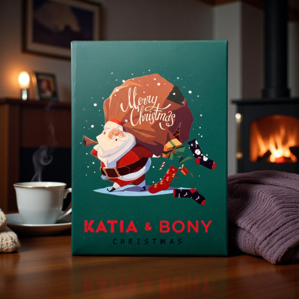 Weihnachtssocken, Socken Box, Geschenkset, Nikolausgeschenk, Adventskalender Füllung, Wichtelgeschenk, Rentier Socken, Santa Claus, Weihnachtsmann, Zuckerstange, Winter Socken, Katia & Bony, Lustige Socken, Herrensocken, Damensocken, Xmas.