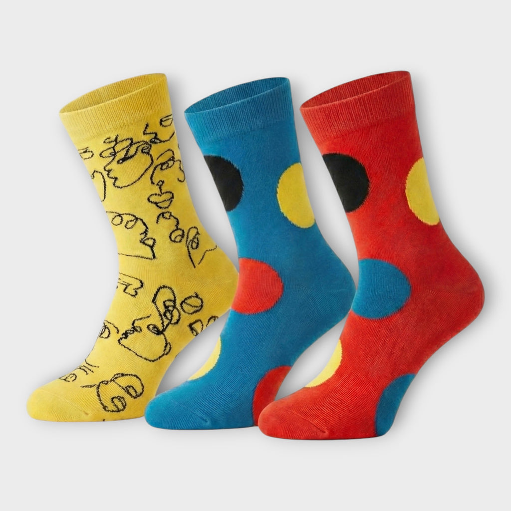Bunte Unisex Socken Geschenkbox – 3 Paar Design-Socken (Gesichter & Punkte)