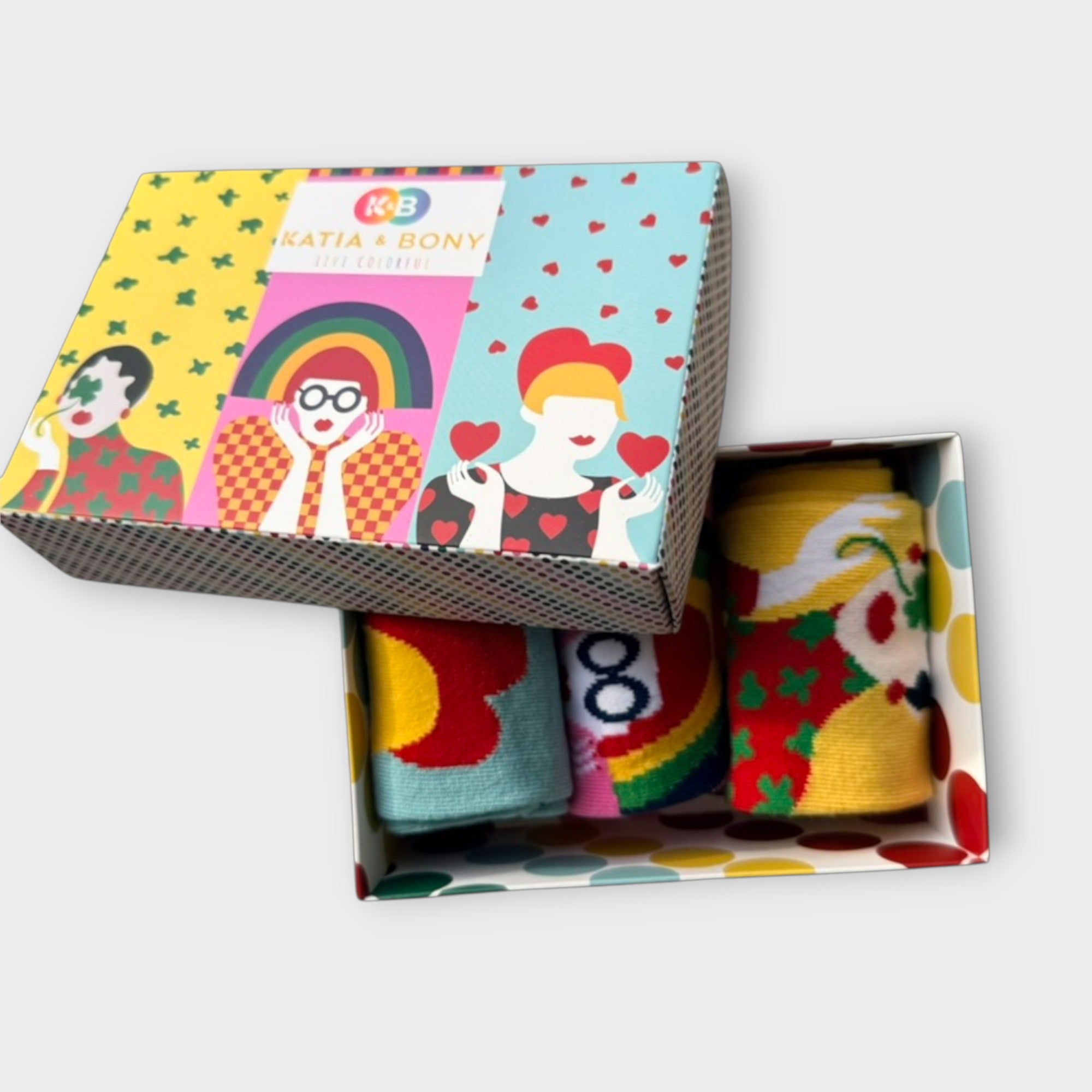 Damen Socken Geschenkbox "Art Collection" | 3er-Set mit Herz- & Glücksmotiven | Bio-Baumwolle