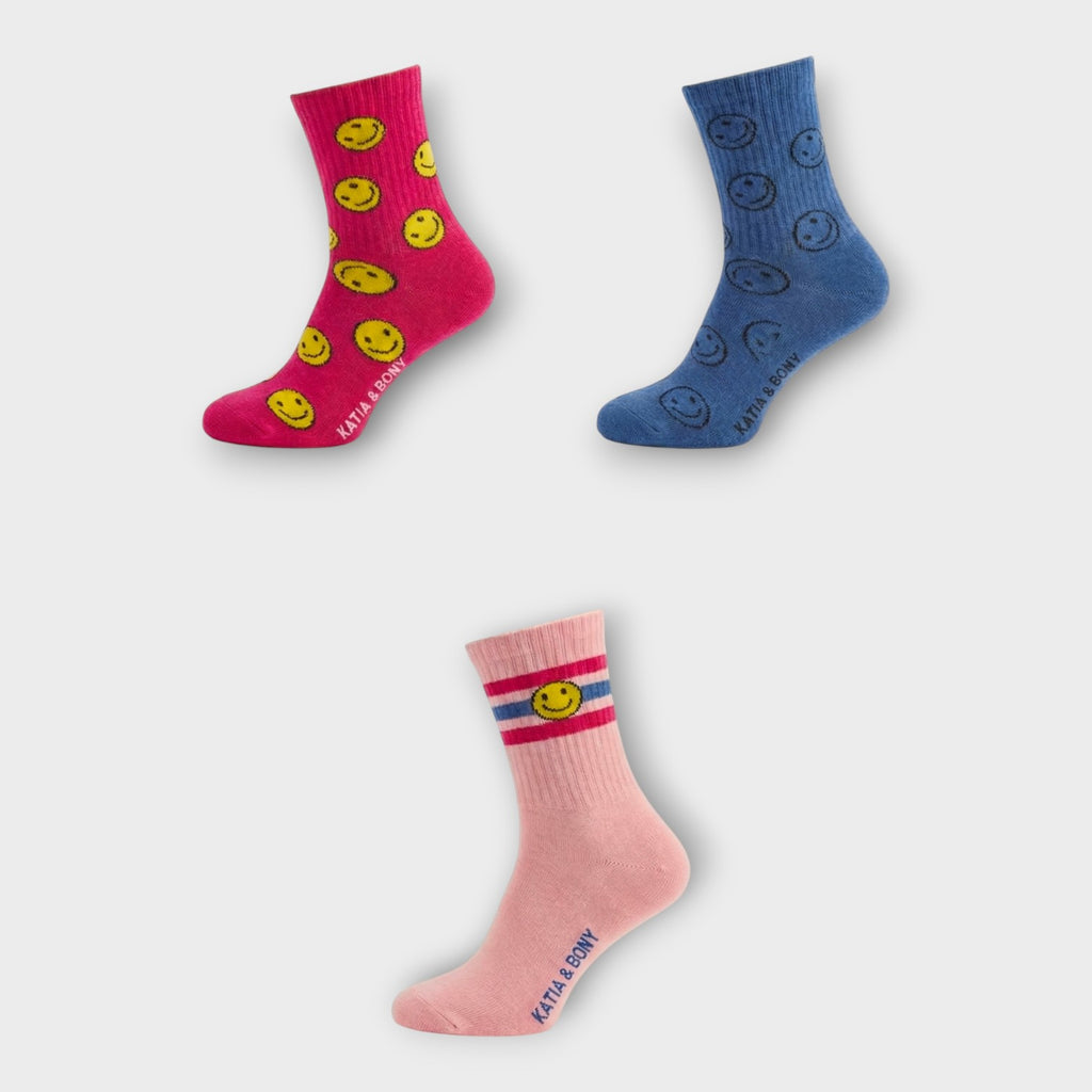 Damen Socken "Happy" 3er-Pack – Bunt mit Smiley-Muster & Baumwoll-Mix