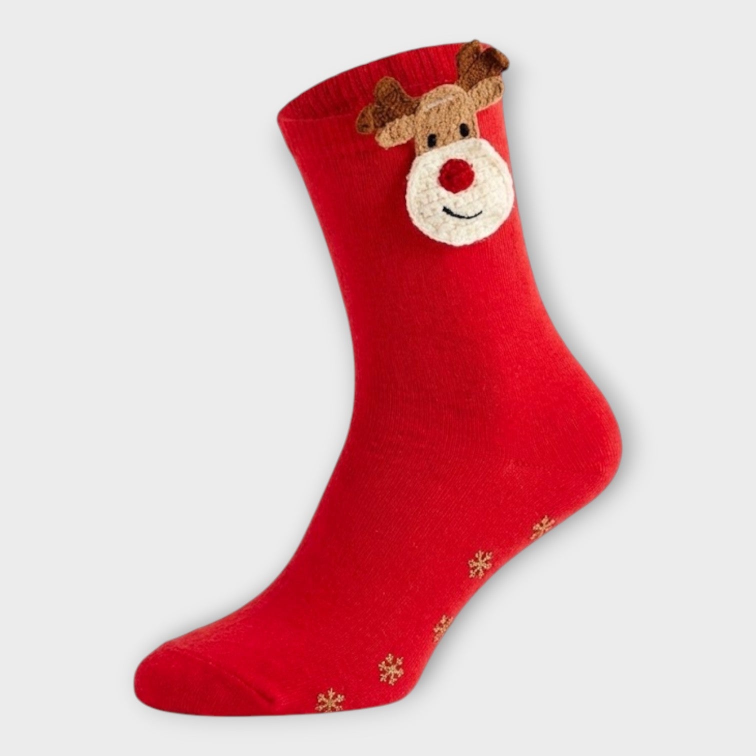 ote Damen Socke mit goldenen Schneeflocken und einem aufgenähten 3D-Rentierkopf aus Plüsch am Bündchen.