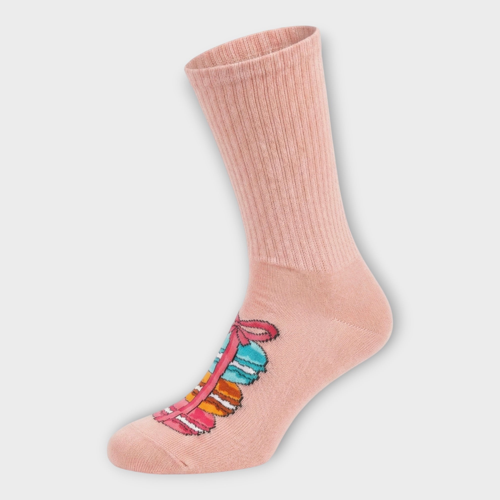 Rosa Damen Socken von Katia & Bony mit Macaron-Motiv und Schleife, Rippstrick-Schaft, Bio-Baumwolle, Seitenansicht.