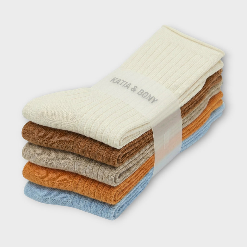 Damen Socken mit Rollrand 5er Pack | Rippstrick ohne Gummi | Venenfreundlich & Druckfrei | Baumwoll-Mix in Naturfarben