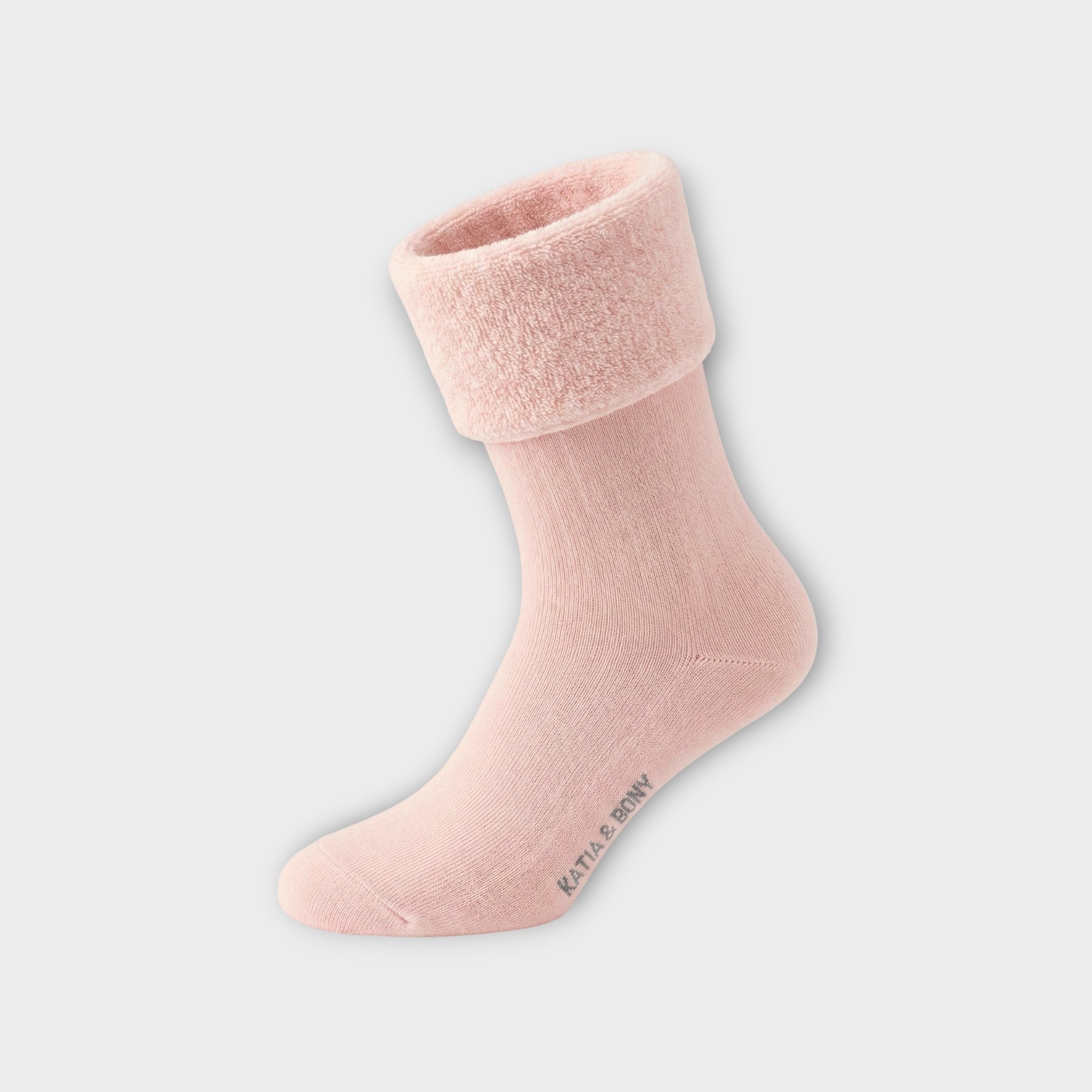 Rosa Kinder Socke von Katia & Bony mit flauschigem Frottee-Umschlag, stehend.
