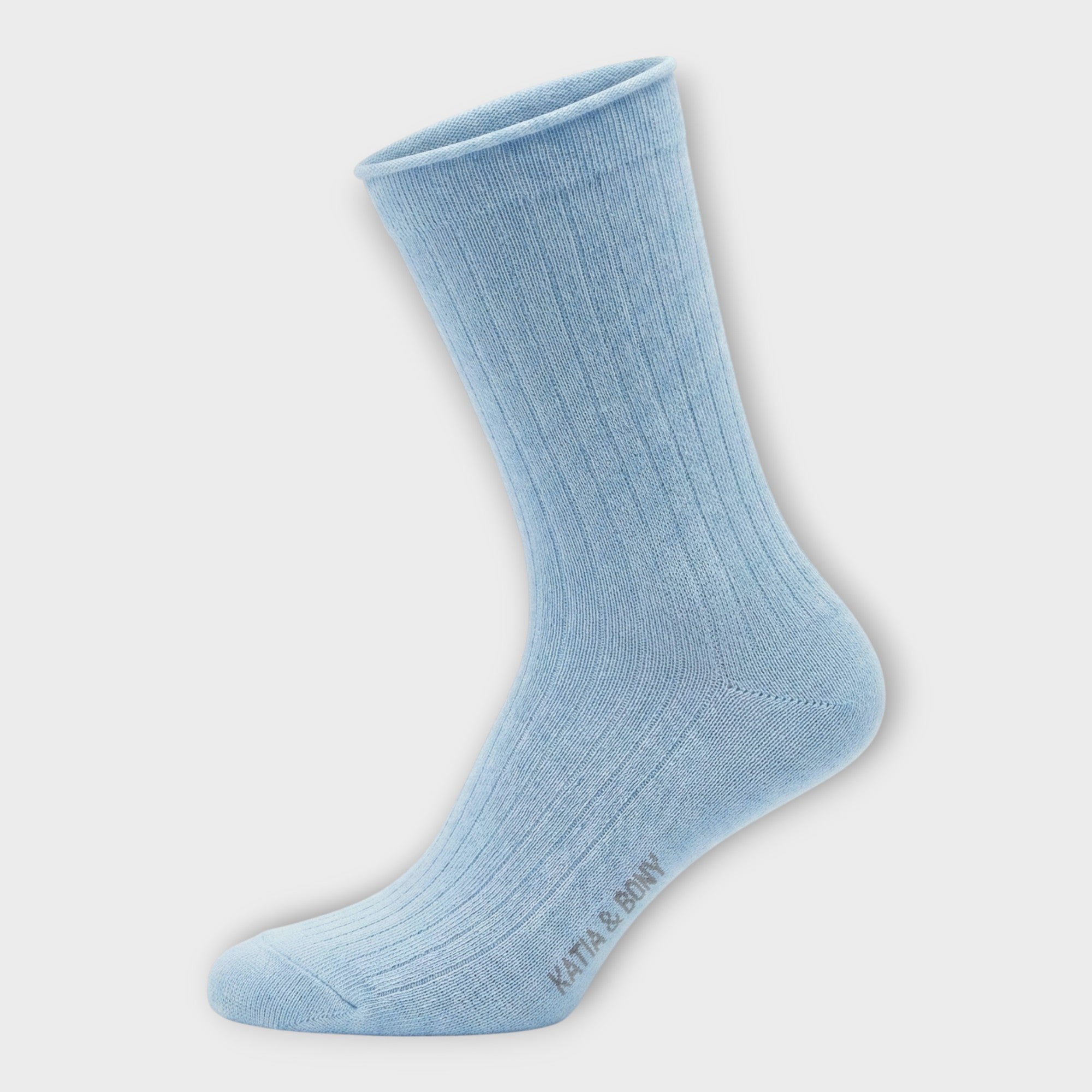 Hellblaue Socke mit Rollrand, Rippstrick, Pastel Blue.
