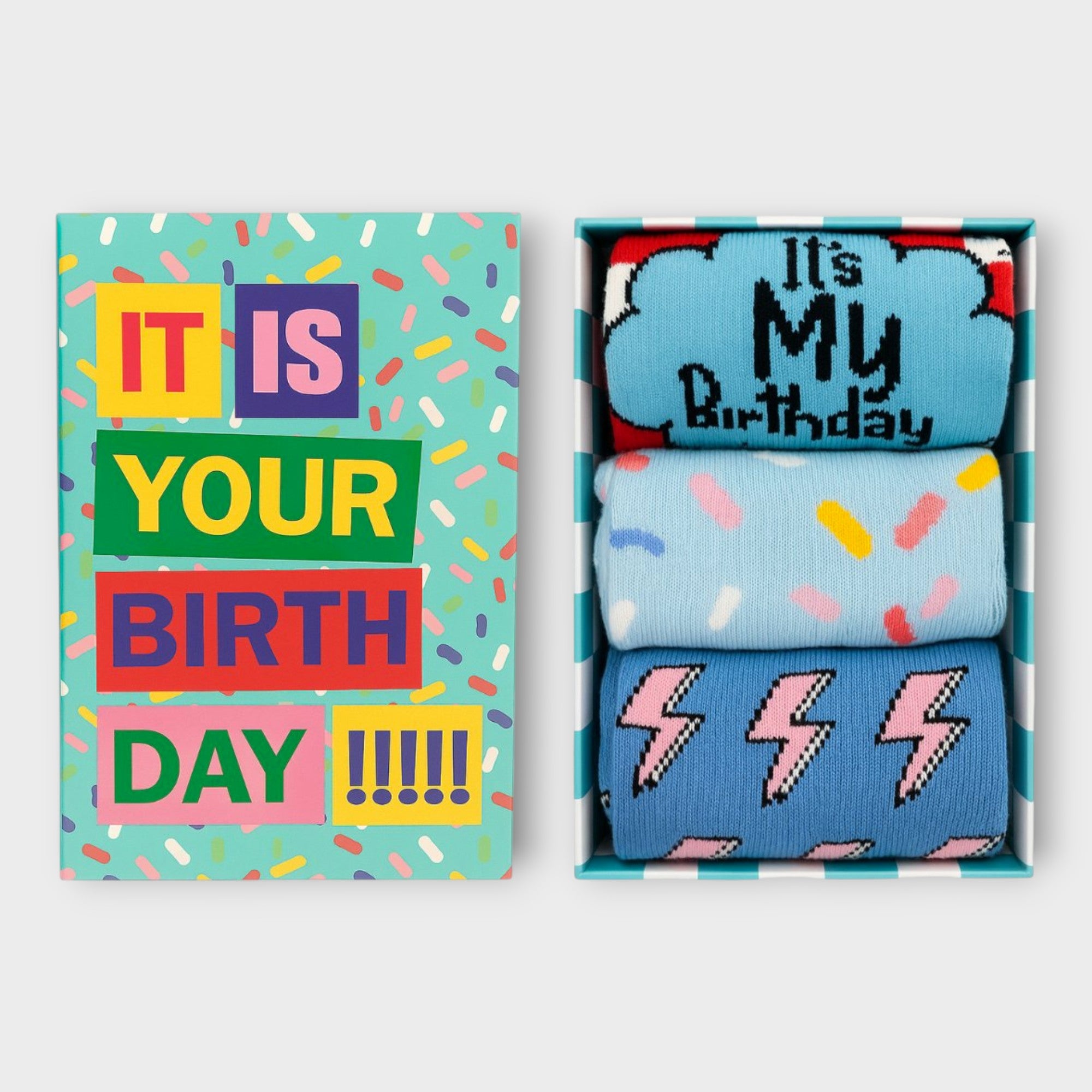 Unisex "Happy Birthday" Socken-Box | 3er-Set für Erwachsene | Bunte Party-Motive