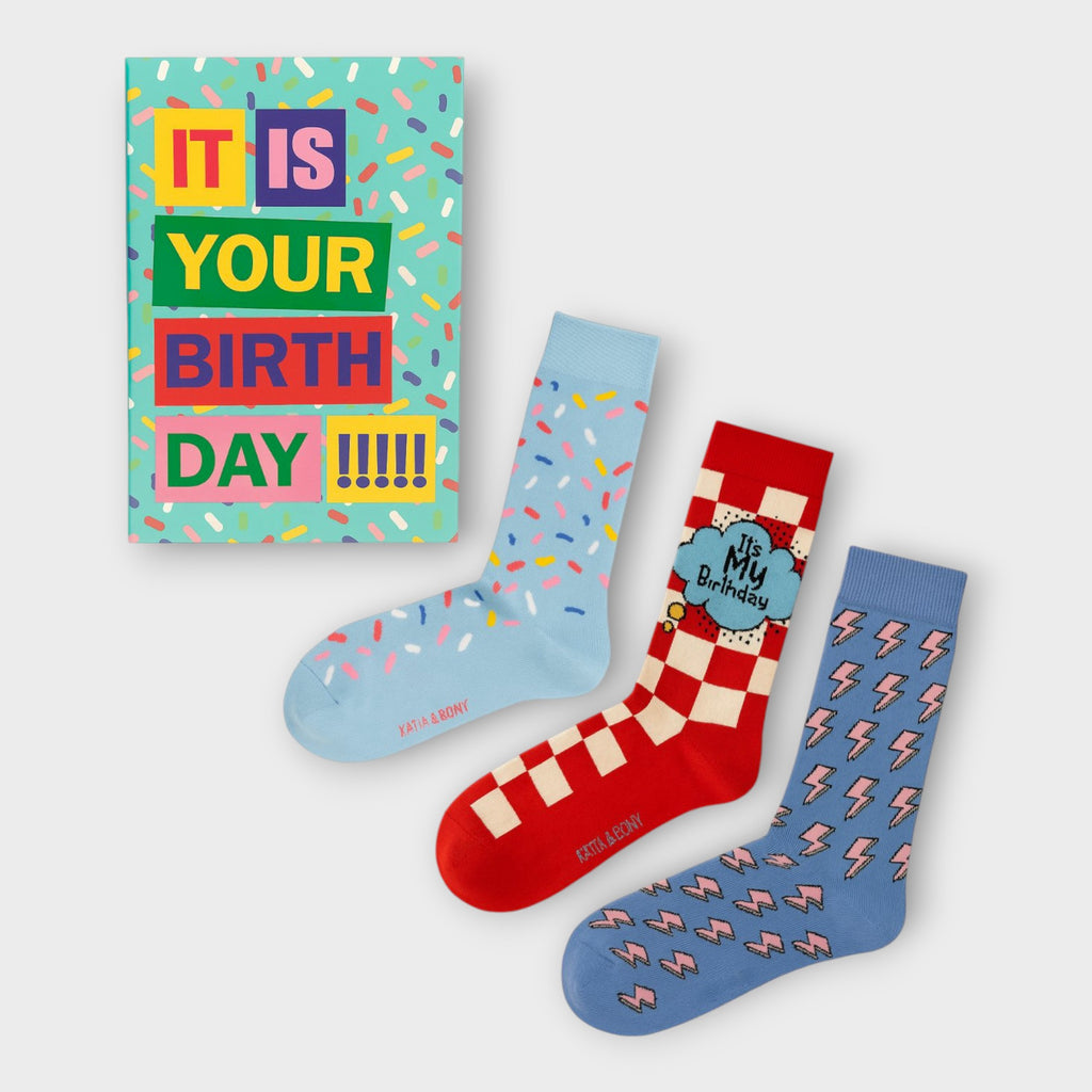 Unisex "Happy Birthday" Socken-Box | 3er-Set für Erwachsene | Bunte Party-Motive