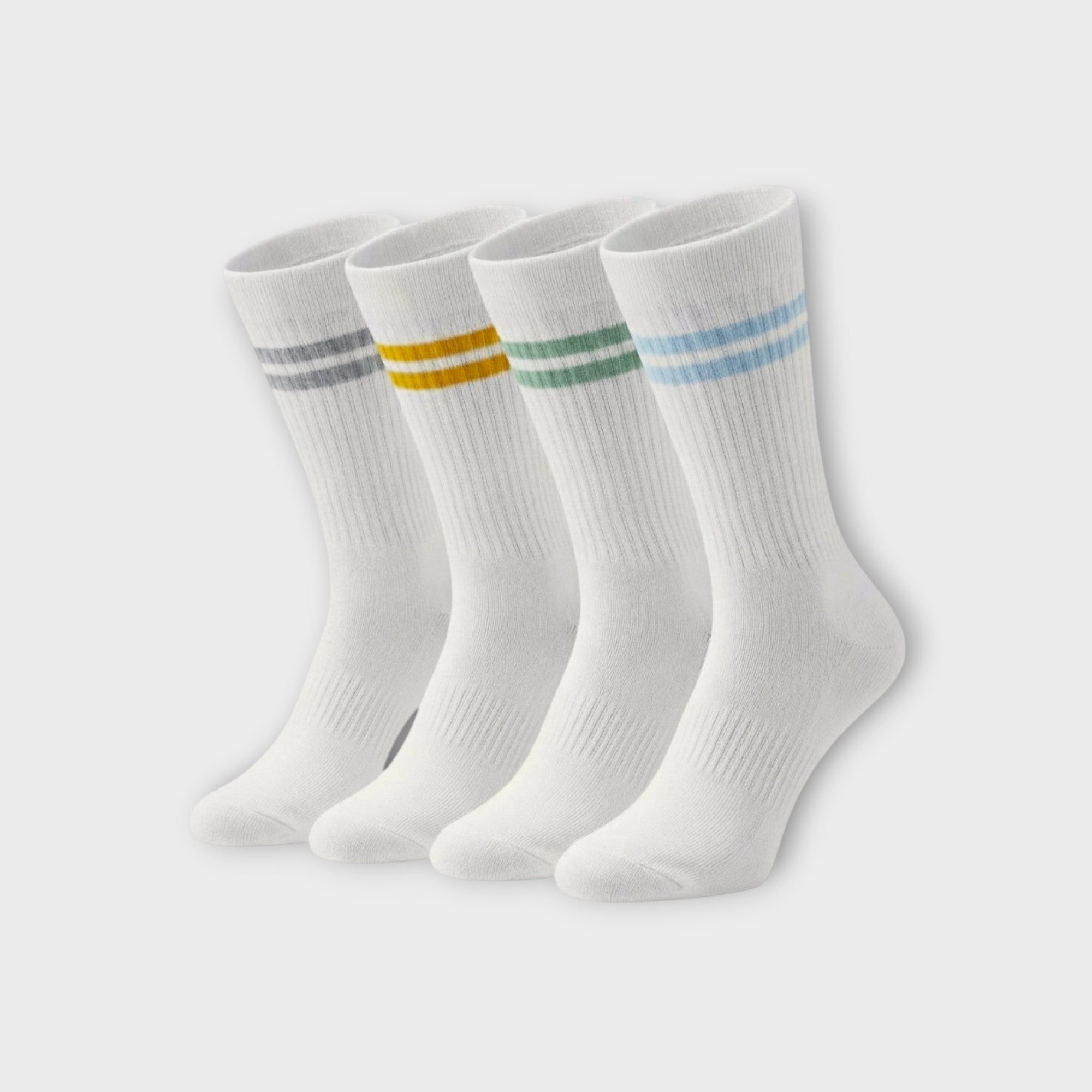 Weiche Baumwollsocken für Sport mit Pastell-Streifen (Gelb, Grün, Blau).
