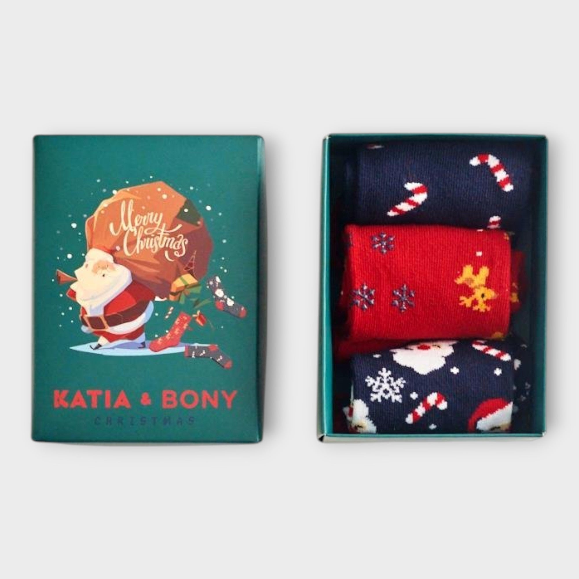 Weihnachtssocken, Socken Box, Geschenkset, Nikolausgeschenk, Adventskalender Füllung, Wichtelgeschenk, Rentier Socken, Santa Claus, Weihnachtsmann, Zuckerstange, Winter Socken, Katia & Bony, Lustige Socken, Herrensocken, Damensocken, Xmas.